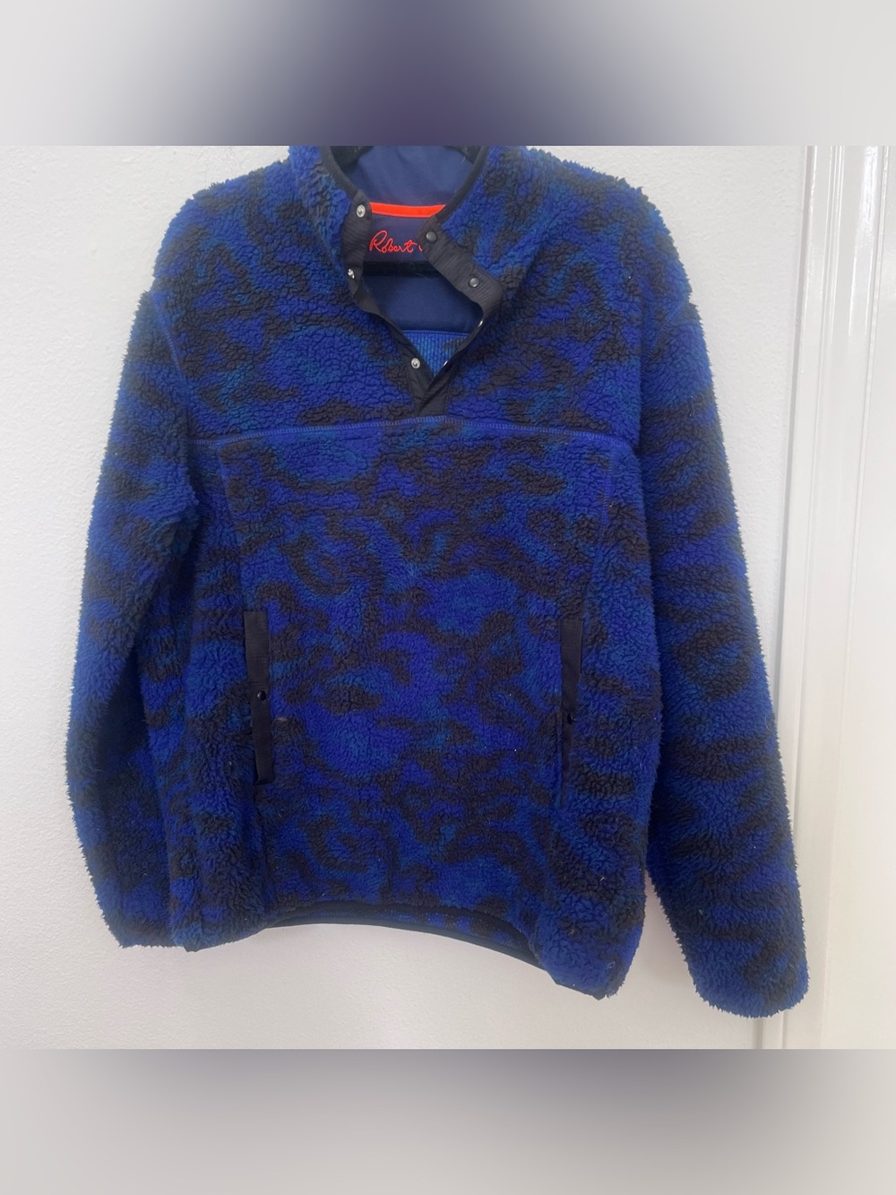 Robert Graham CULLUM  Mens L 46” Pullover Sherpa Fleece Blue Black Camo snap